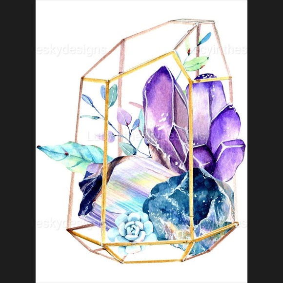 Crystal Succulent Terrarium Purple Blue Art Print 8.5x11 - Picture 2 of 5